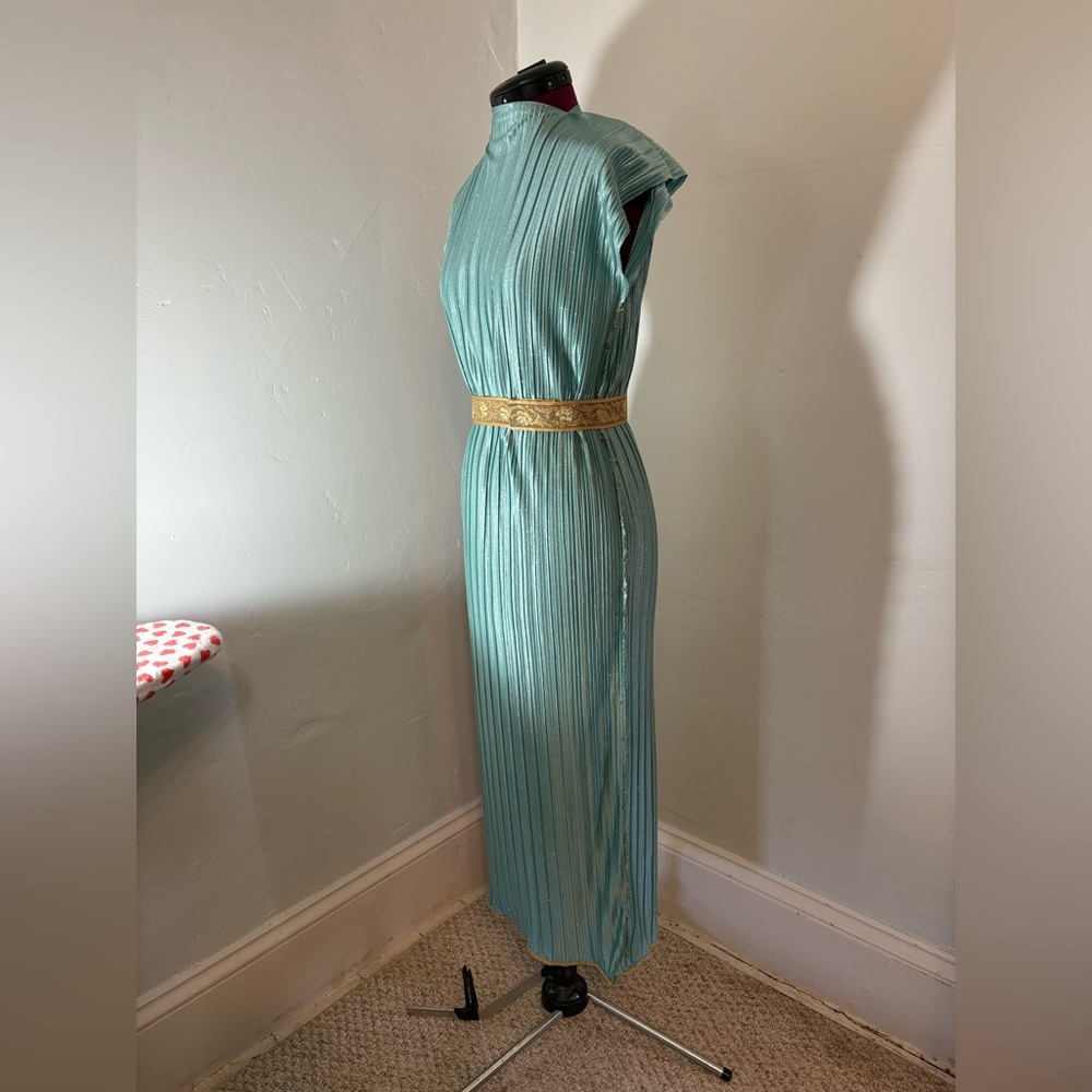 Fortuny style gown dress costume sea foam green sparkles with gold belt